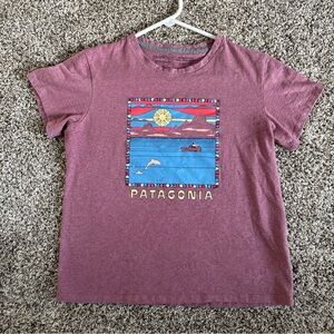 Patagonia Responsibili-Tee Kid’s M Graphic T-Shirt Dolphins Boat Ocean Sunset